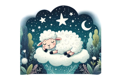 sheep sleeping on a cloud on a starry night