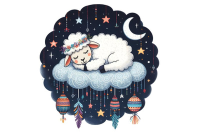 sheep sleeping on a cloud on a starry night