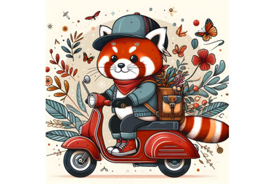 red panda in a cap with a backpack on a scooter