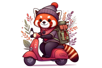 red panda in a cap with a backpack on a scooter