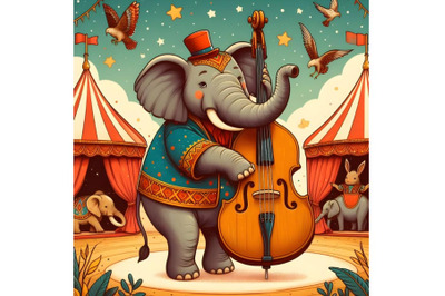 elephant playing on contrabass in the circus arena