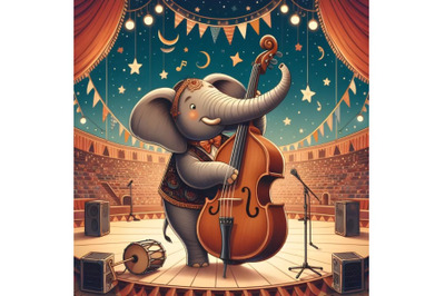 elephant playing on contrabass in the circus arena