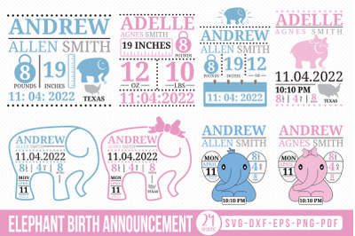 Elephant Birth Announcement SVG Bundle