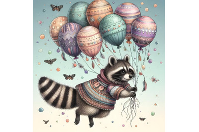 racoon fly with many balloons