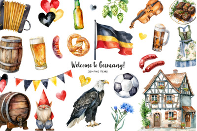 Watercolor Germany symbols clipart. Oktoberfest elements clipart.