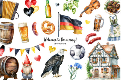 Watercolor Germany symbols clipart. Oktoberfest elements clipart.