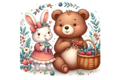 Lovely cartoon bear and hare