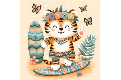 cute Surfing Tiger