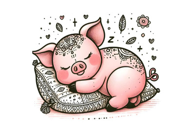 Cute doodle piggy sleeps on the pillow