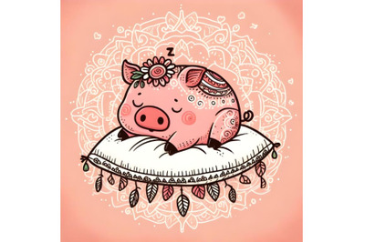 Cute doodle piggy sleeps on the pillow