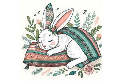 Cute doodle hare sleeps on the pillow