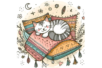 Cute doodle cat sleeps on the pillow