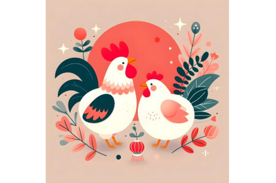 couple rooster and hen minimal artwork