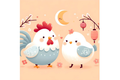 couple rooster and hen minimal artwork