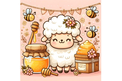 Cute cartoon sheep with honey and bee