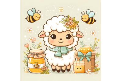 Cute cartoon sheep with honey and bee