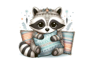 Cute cartoon racoon with pillow