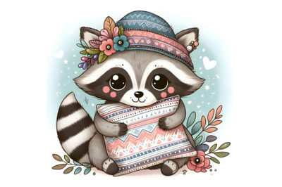 Cute cartoon racoon with pillow