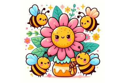 Cute cartoon flower with honey and bees