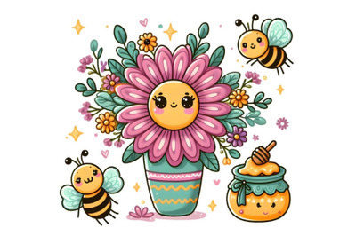 Cute cartoon flower with honey and bees