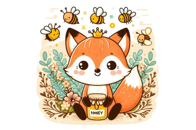 Cute cartoon fox with honey and bee