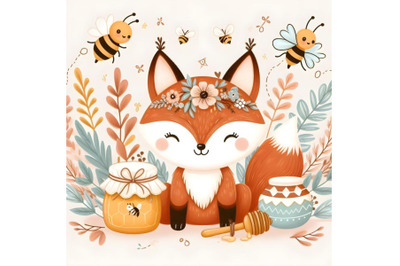 Cute cartoon fox with honey and bee