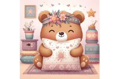 Cute cartoon bear with pillow