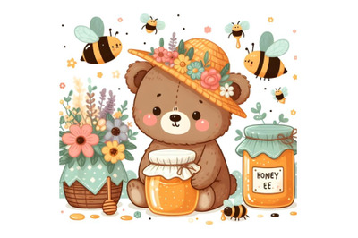 Cute cartoon bear with honey and bees