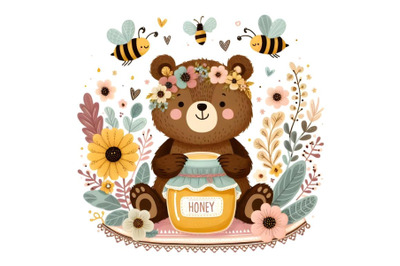 Cute cartoon bear with honey and bees