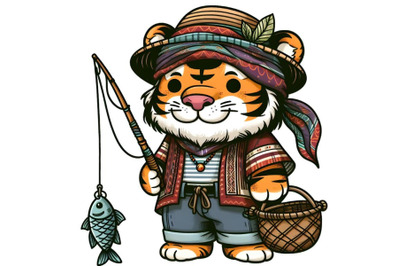 Cartoon tiger fisherman