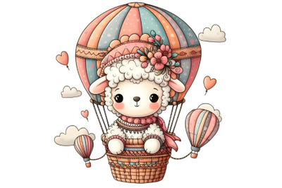 Cartoon teddy sheep on air balloon