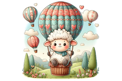 Cartoon teddy sheep on air balloon