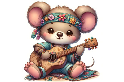 Cartoon teddy mouse playing a guitar