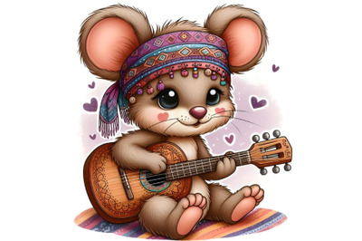 Cartoon teddy mouse playing a guitar