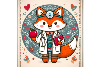 Cartoon teddy fox dressed as doctor, holding an apple