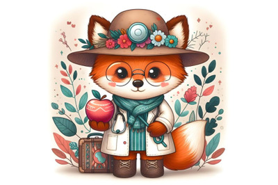 Cartoon teddy fox dressed as doctor&2C; holding an apple