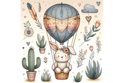 Cartoon teddy bunny on air balloon