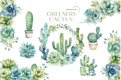 Watercolor Greenery Cactus Clipart, Cactus Clipart, Sage Green Floral