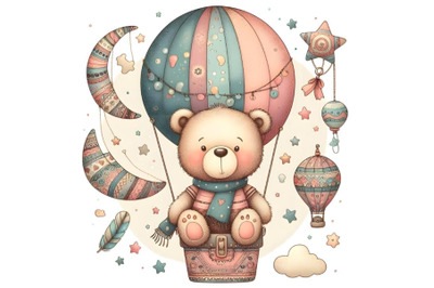 Cartoon teddy bear on air balloon