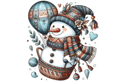 Cartoon snowman on air balloon