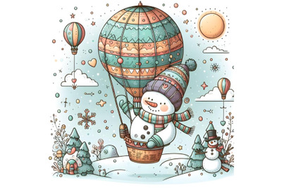 Cartoon snowman on air balloon