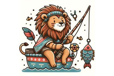 Cartoon lion fisherman