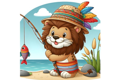 Cartoon lion fisherman