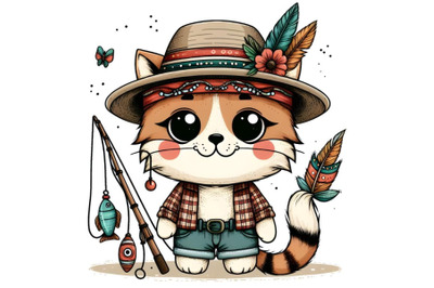 Cartoon cute teddy cat fisherman