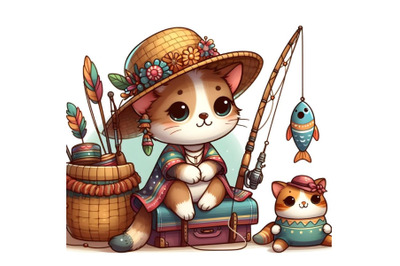 Cartoon cute teddy cat fisherman