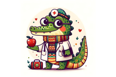 Cartoon cute crocodile dressed as doctor, holding an apple