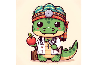 Cartoon cute crocodile dressed as doctor, holding an apple