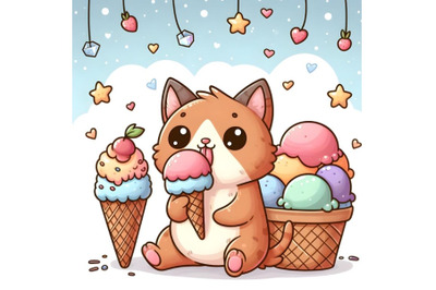 Cartoon cute cat eating ice cream with appetite