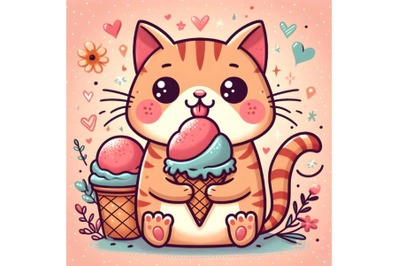 Cartoon cute cat eating ice cream with appetite