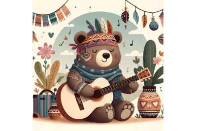 Cartoon bear playing a guitar